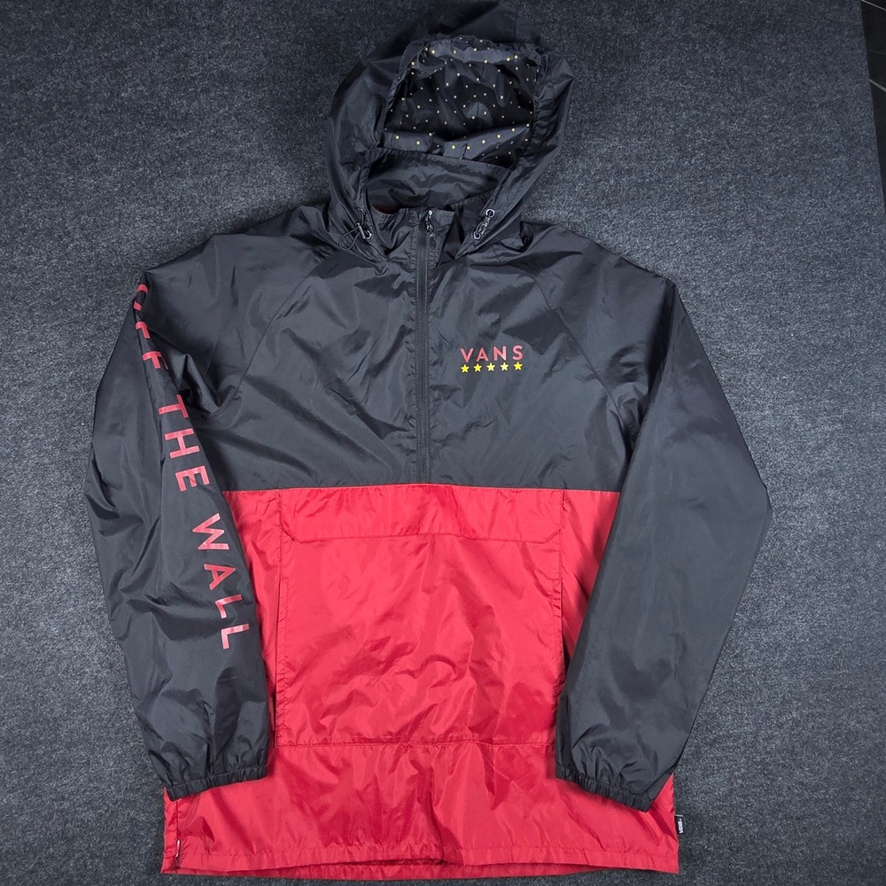 Vans Men's Black Red Colorblock Anorak Windbreaker Jacket Kangaroo Skate Size L